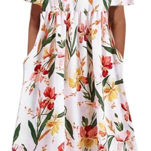 Women’s Short Sleeve Maxi Summer Dresses Round Neck Pullover Dress Elegant Floral Printed Long Dress with Pocket Loose Flowy Hem Boho Dress Beach Daily Wear