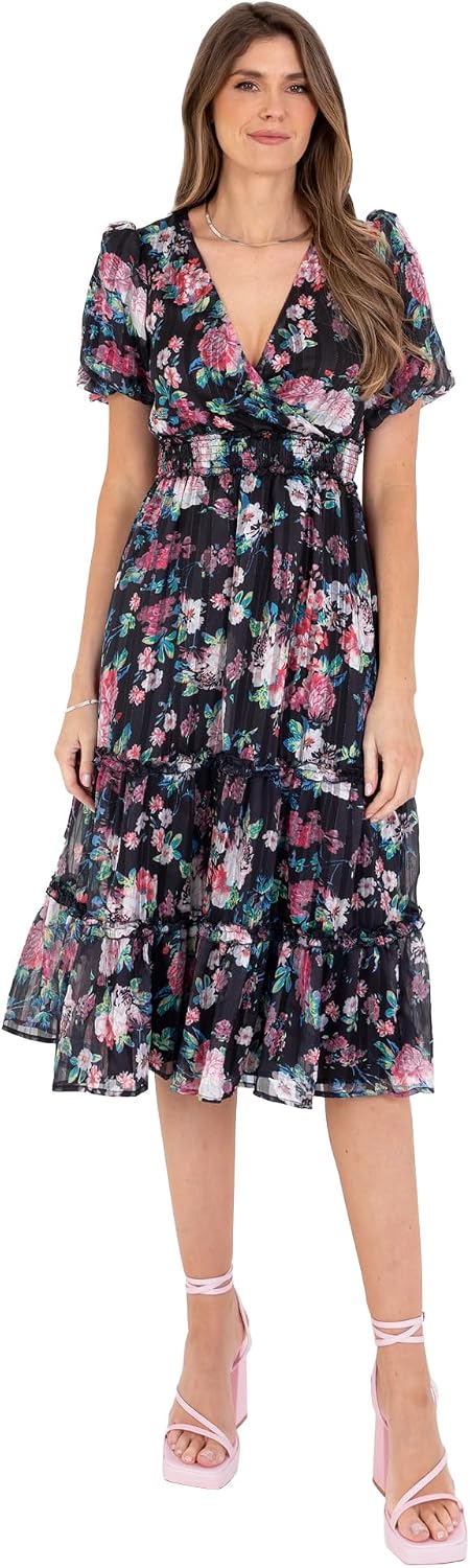 Lovedrobe Women's Women's Ladies Midi Dress V-Neck Short Puff Sleeve Wrap Shirred Waist Floral Print Ruffle Fit and Flare Wedding Guest Dress (Pack of 1)