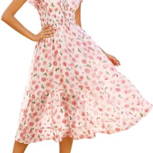 GRACE KARIN Women’s Floral Summer Dress, Elegant Ruffle Sleeves Wedding Guest Dress, Elastic Waist A Line Midi Dresses