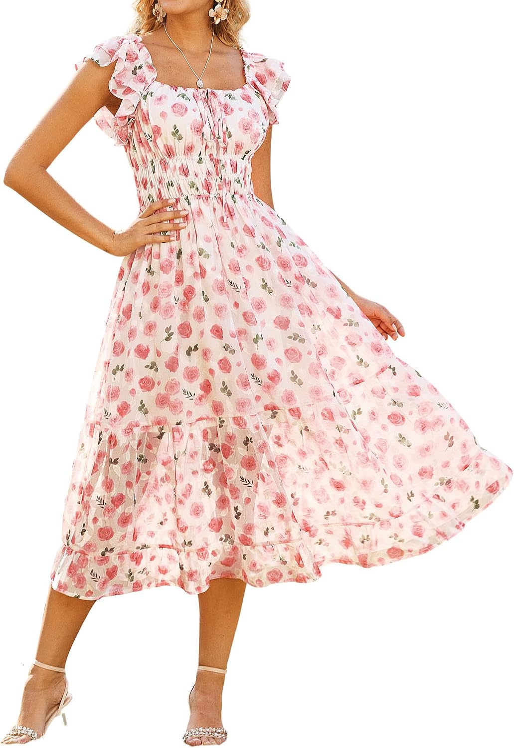 GRACE KARIN Women's Floral Summer Dress, Elegant Ruffle Sleeves Wedding Guest Dress, Elastic Waist A Line Midi Dresses