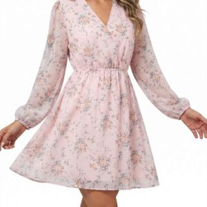 DERAX Women’s Floral Boho Mini Dresses Elegant Spring Fall V Neck Chiffon Long Sleeves Party Vacation Cocktail Dress