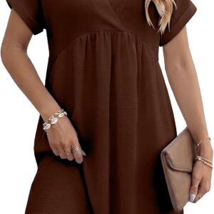KISSMODA Womens Casual Dress Plunge V Neck Short Sleeve Pullover Flowy Empire Waist Shirt Dresses Summer Fashion Elegant Pleated Front Vacation Beach Tunic Dress