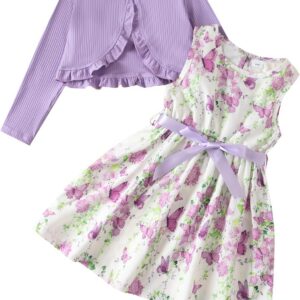 Kids Girls Dress and Cardigan Set Butterfly Floral Sleeveless Tank Sundress Solid Long Sleeve Ruffle Coat Girl Autumn Spring Clothes 2Pcs Outfit