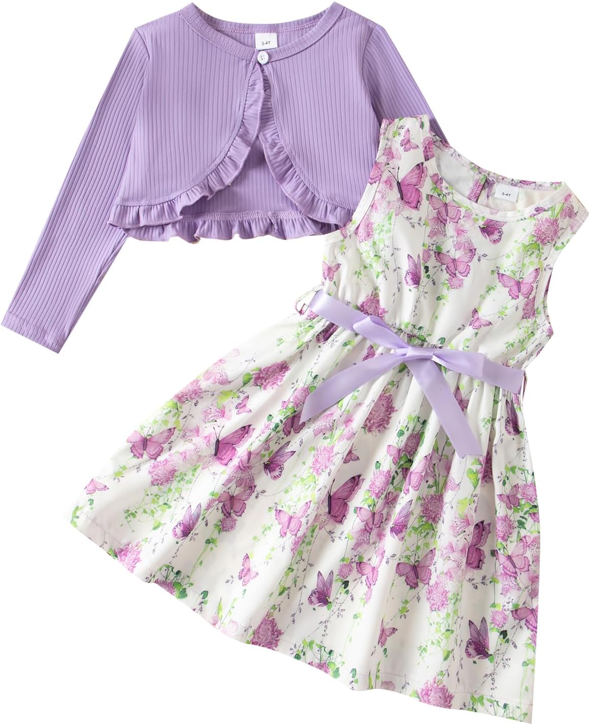 Kids Girls Dress and Cardigan Set Butterfly Floral Sleeveless Tank Sundress Solid Long Sleeve Ruffle Coat Girl Autumn Spring Clothes 2Pcs Outfit