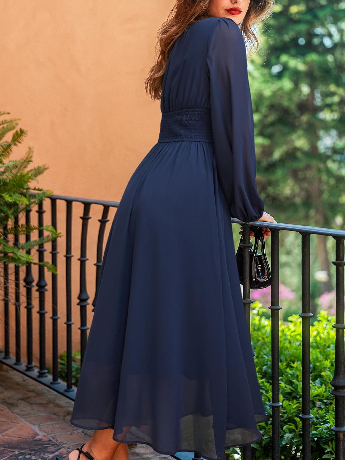 CUPSHE Women's Fall V Neck Long Sleeve Maxi Dresses Smocked Waist Elegant Cocktail Wedding Guest Dress - Image 3