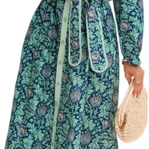 Women Floral Midi Dress Long Sleeve Button Down Shirt Dress with Belt