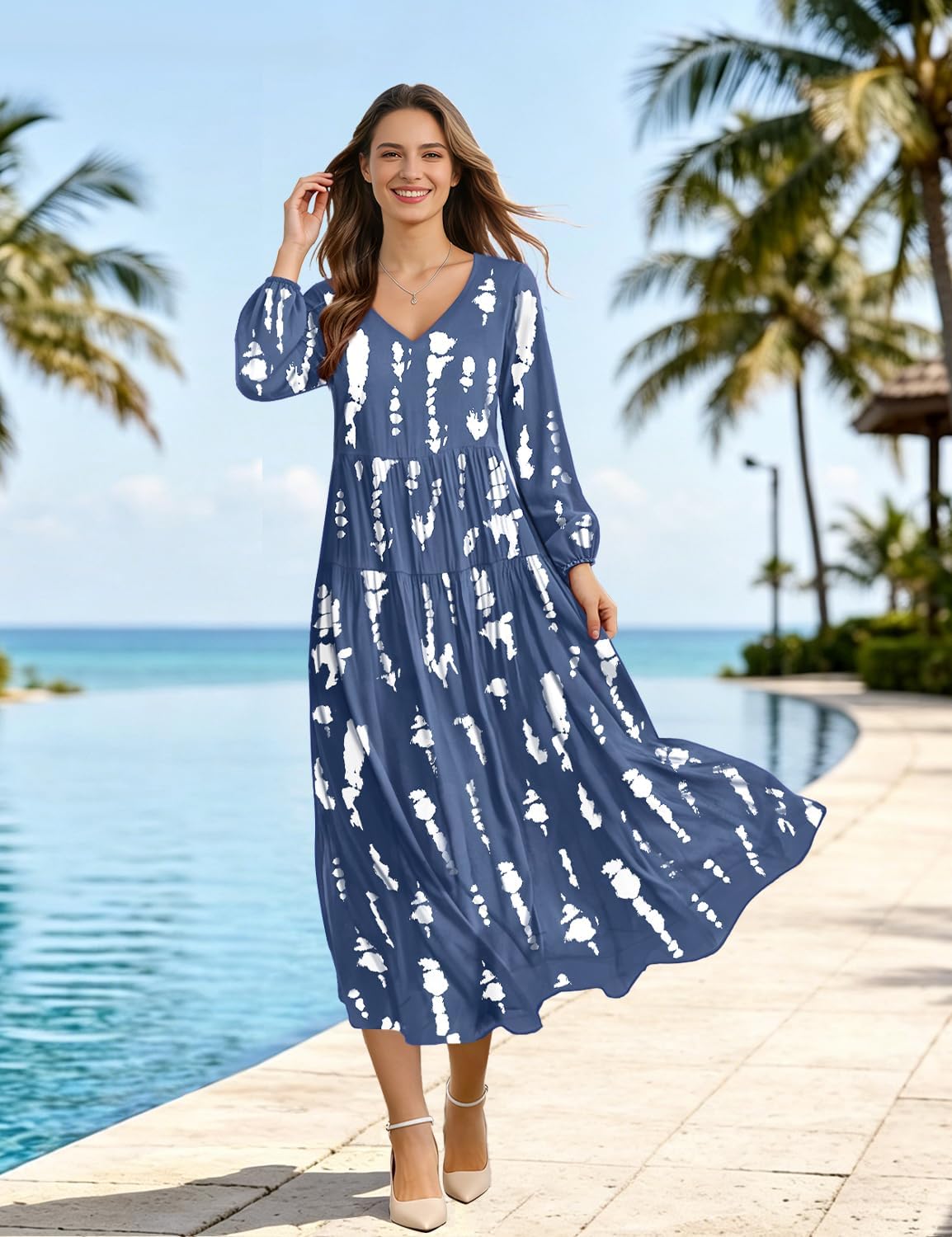 YESNO Women Casual V Neck Long Sleeve Dress with Pockets - Image 5