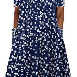 Midi Dresses for Women UK Short Sleeve V Neck Button Floral Dress Summer Casual Loose Fit Long Dresses with Pockets Comfy Lounge T Shirts Dress Beach Holiday Plus Size Elegant Sundress Sale