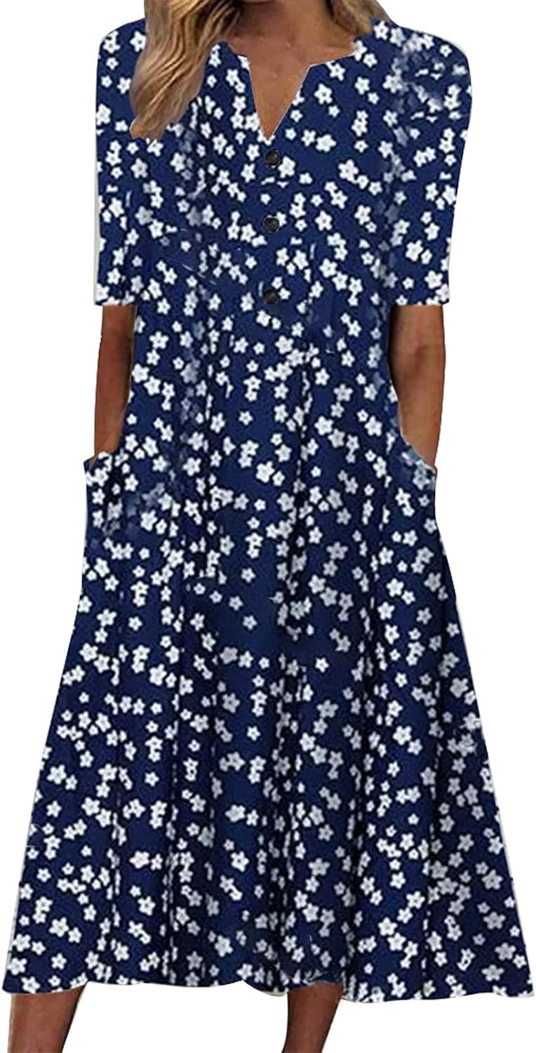Midi Dresses for Women UK Short Sleeve V Neck Button Floral Dress Summer Casual Loose Fit Long Dresses with Pockets Comfy Lounge T Shirts Dress Beach Holiday Plus Size Elegant Sundress Sale