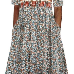 Boho Dresses for Women UK Clearance Italian Short Sleeve Button V Neck Dress with Pocket Ladies Floral Casual Sundress Elegant Swing Midi Dress Loose Pullover Lounge Dresses Beach Holiday Sundress