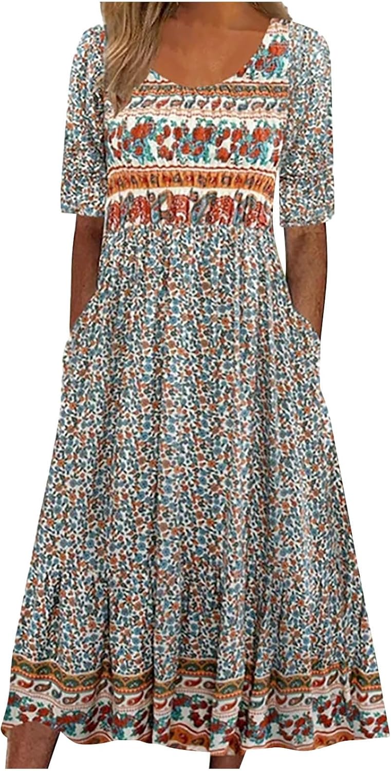 Boho Dresses for Women UK Clearance Italian Short Sleeve Button V Neck Dress with Pocket Ladies Floral Casual Sundress Elegant Swing Midi Dress Loose Pullover Lounge Dresses Beach Holiday Sundress