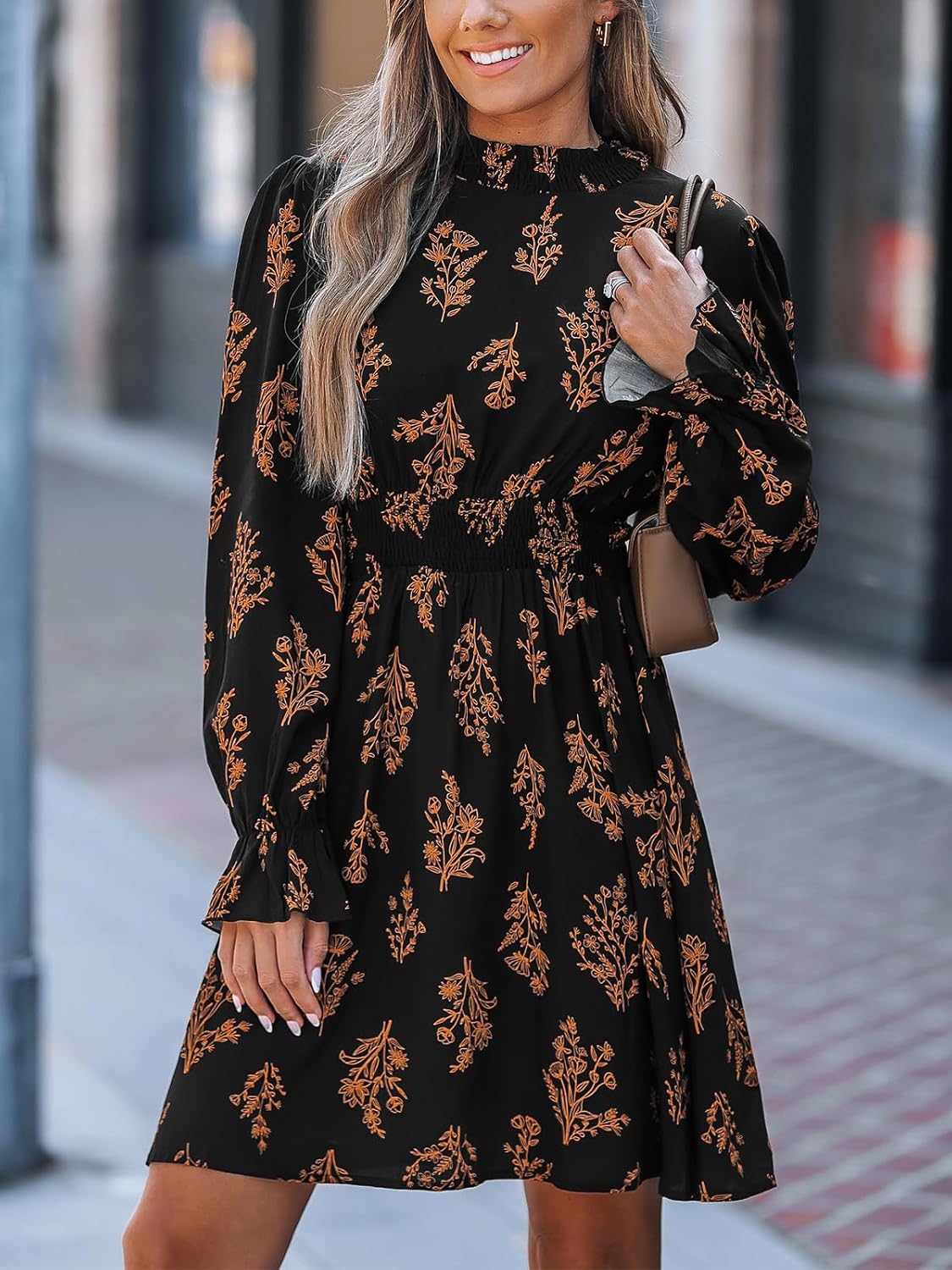 CUPSHE Women's A-Line Mini Dress Flowy Swing Ditsy Floral Print Long Sleeve Round Neck Smocked Fall Party Casual Dress - Image 6