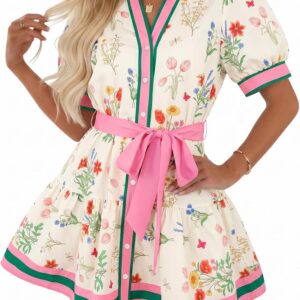 Wenrine Womens Summer Floral Mini Dress Puff Short Sleeve V Neck Button Down Casual Loose Boho Beach Dresses with Belt
