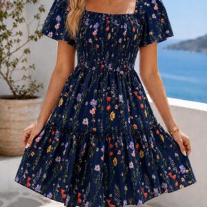 Women’s Square Neck Floral Mini Dress, Ruffle Sleeve Smocked Bodice Tiered A-Line Summer Casual Beach Vacation Sundress