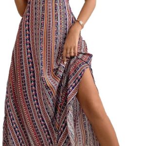 LIAMERHE Women’s Ethnic Maxi Dress Summer V-Neck Backless A-Line Sundress Spaghetti Strap Sleeveless Dresses Bohemian Ladies Casual Elegant Spring High Waist Slit Beachdress