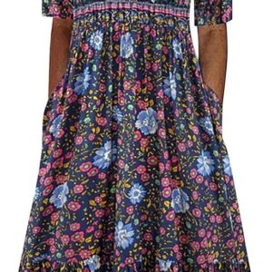 Boho Dresses for Women UK Clearance Italian Short Sleeve Button V Neck Dress with Pocket Ladies Floral Casual Sundress Elegant Swing Midi Dress Loose Pullover Lounge Dresses Beach Holiday Sundress