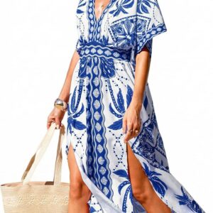 CUPSHE Women Boho Maxi Summer Dress Floral V Neck Half Dolman Sleeve Empired Waist Side Slit Sundress Holiday Beach Dresses
