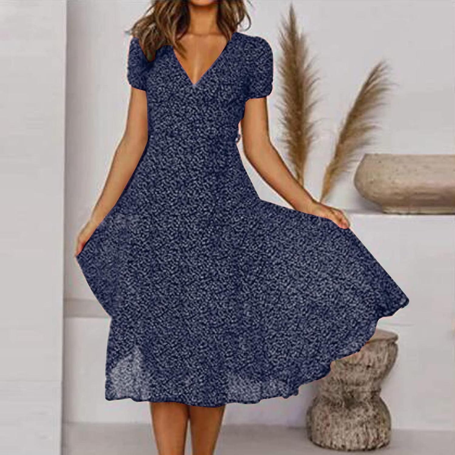 Women's Boho Dresses Summer UK Sale Clearance Loose Casual Midi Tunic Dress Floral Polka Dots Print V Neck Short Sleeve T Shirt Ruffle Dresses - Image 2