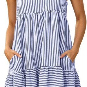 Summer Mini Dresses for Women UK Square Neck Striped Spaghetti Strap Sundress Tiered Ruffle Hem Casual Loose Fit Beach Short Dress for Everyday Outdoor Wear with Side Pockets