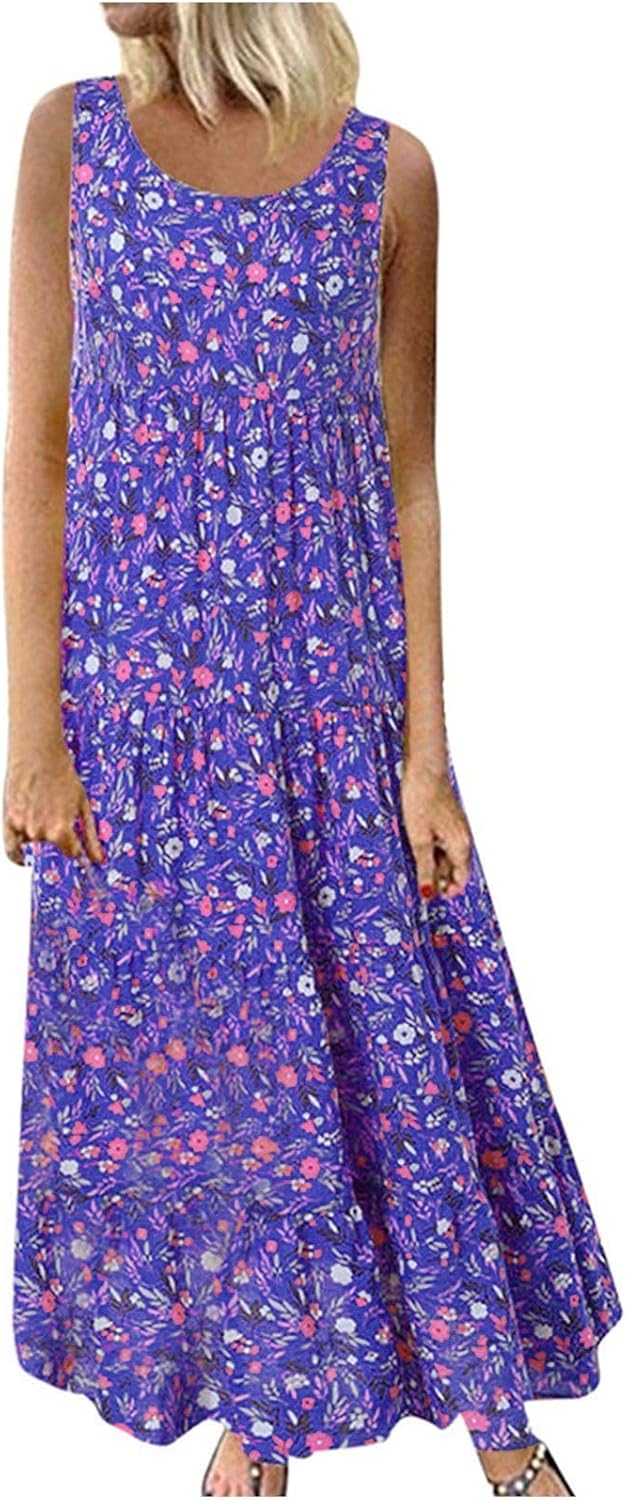 Women's Cotton Linen Dress Floral Maxi Long Dress Casual Sleeveless Crewneck A Line Dress Plus Size Swing Dress Vintage Bohemian Loose Dresses Pageant Prom Ball Gowns Cocktail Dresses UK Size