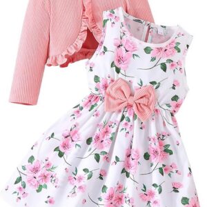 Girl Dress Toddler Long Sleeve Dresses A-line Floral Casual Party Dress with Cardigan Sets for Little Big Kids 4-13 Years