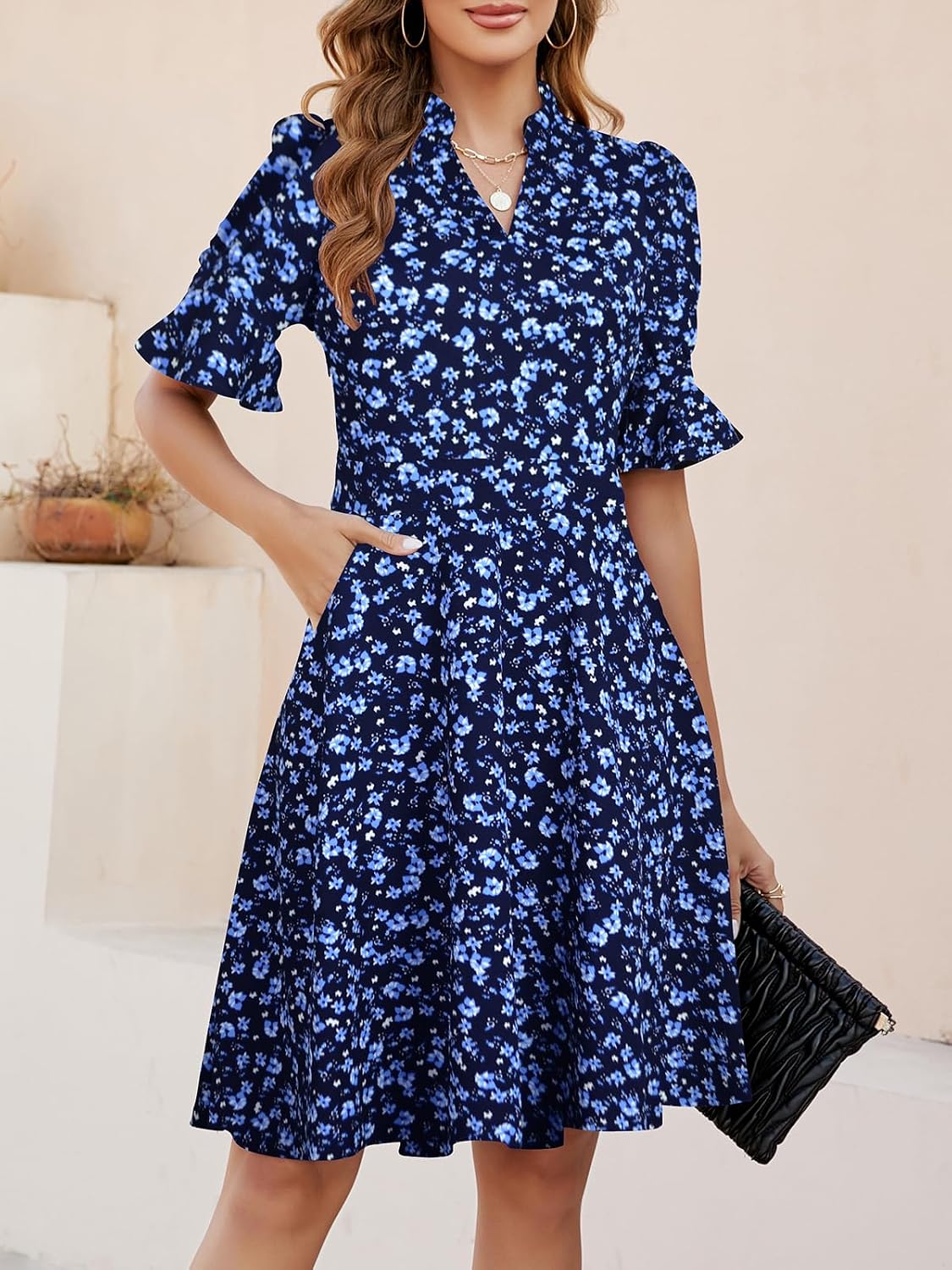 Mokayee Women Summer Dress V Neck Ruffle Short Sleeve Knee Length Church Wedding Guest Dresses with Pockets - Image 2
