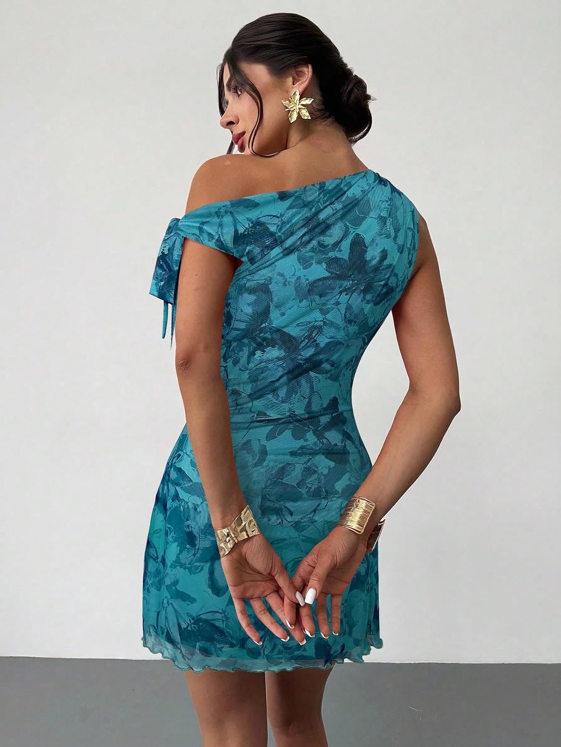 Narecte Women’s One Shoulder Floral Mini Dress Self Tie Summer Dress - Image 3
