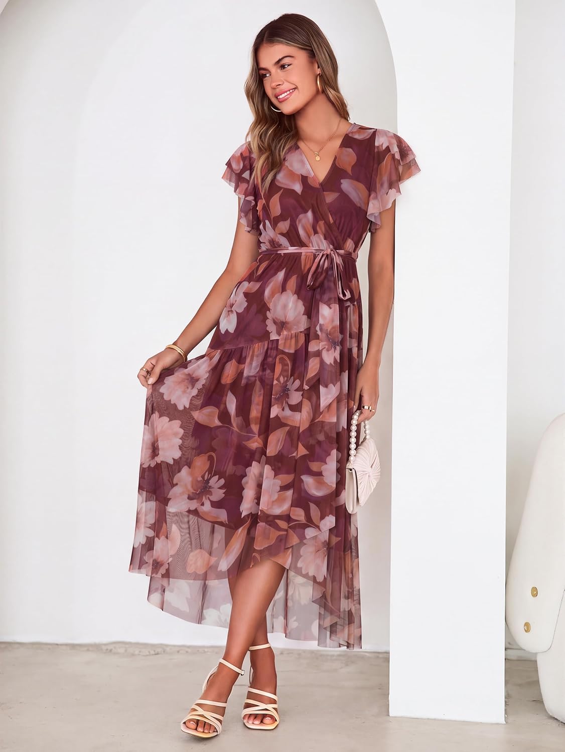 Simplee Womens Summer Floral Maxi Dress 2026 Short Sleeve V Neck Belted Mesh Hem Split Flowy Beach Wedding Guest Dresses - Image 5