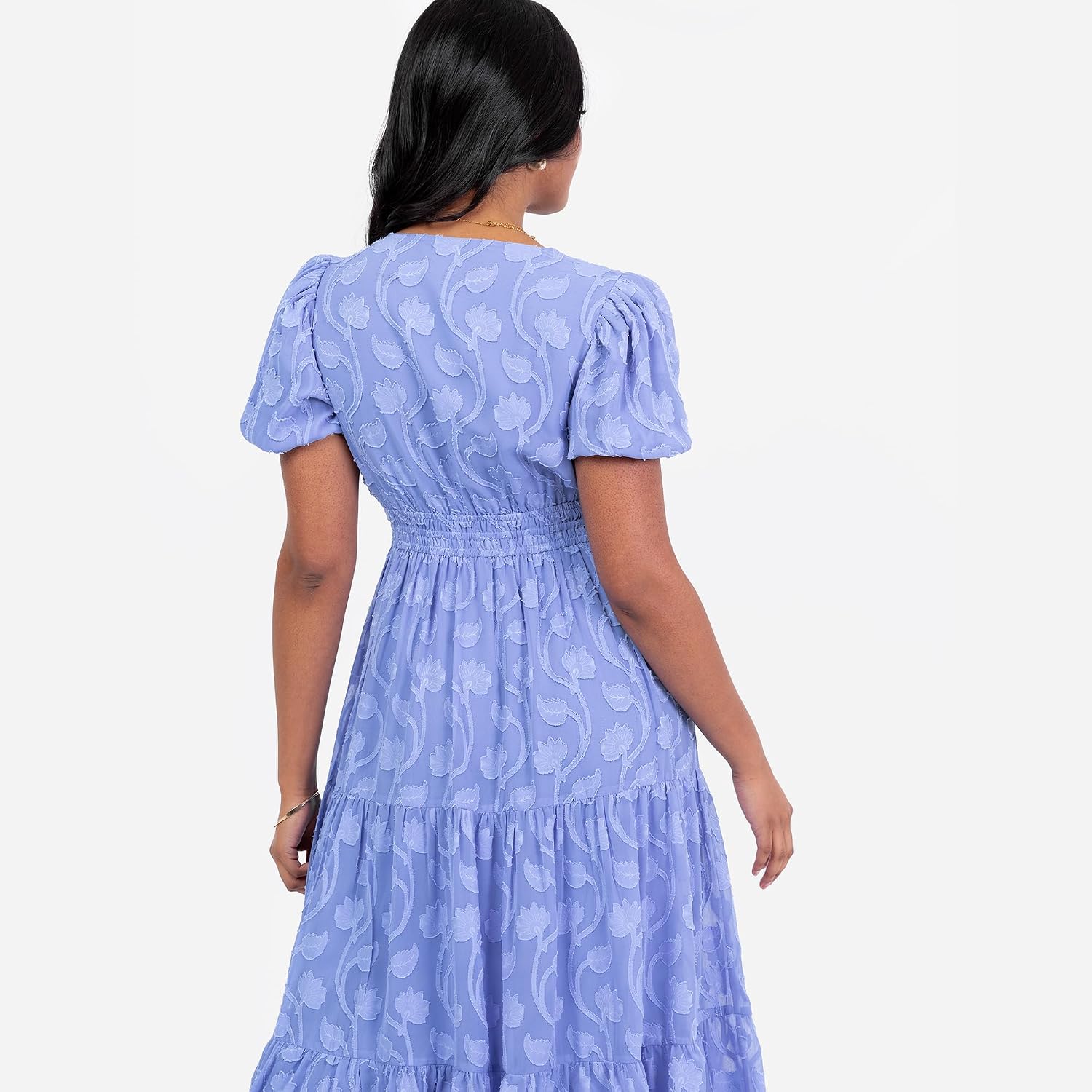 Lovedrobe Women's Midi Dress Ladies V-Neck Short Puffed Sleeves Floral Burnout A-line Tiered Skirt Elasticated Waist - Image 5