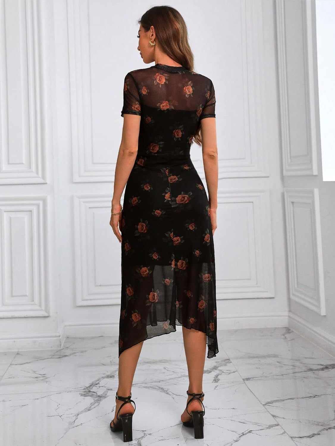 GothDark Women's Summer Floral Vintage Mesh Irregular Hem Party Midi Dress - Image 4
