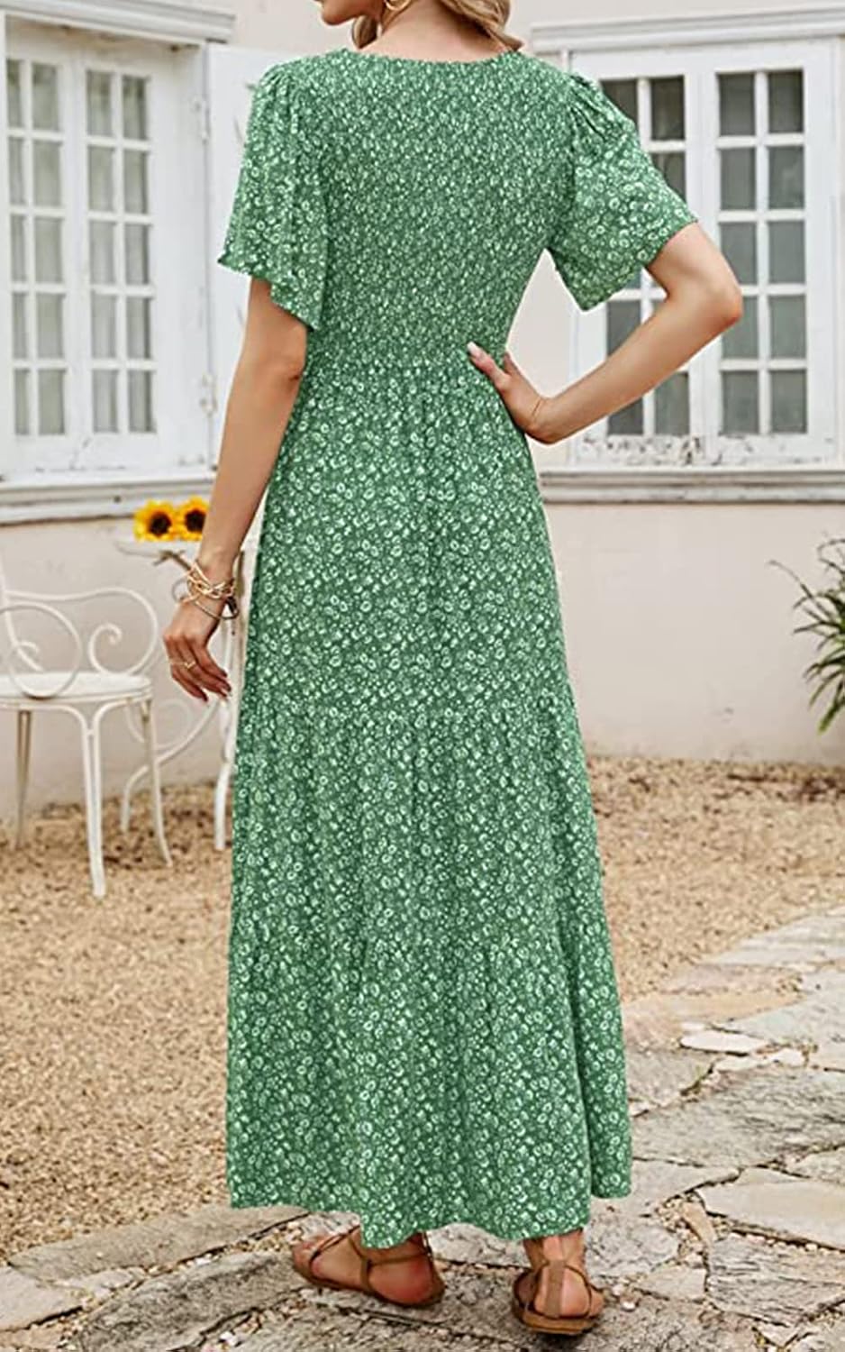 PRETTYGARDEN Women's Smocked Top Summer Dresses for Women 2025 Short Sleeve Floral Maxi Dress for Women Flutter Sleeve Cute Spring Maxi Dress for Women Beach Vacation - Image 7