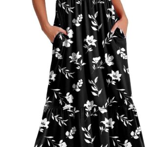 Zeagoo Women Summer Dress Petal Short Sleeve Ladies Casual Swing Floral Midi Dress with Pockets