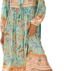 R.Vivimos Women V Neck Long Sleeve Floral Boho Midi Dress