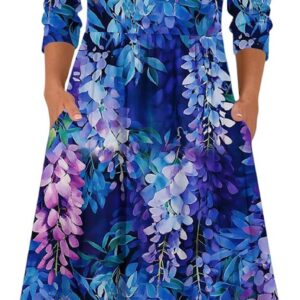 Women’s Tea Dress with Pockets Vintage Floral Print Midi Dress, 3/4 Sleeve A-Line Swing Dress