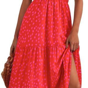 MASCOMODA Summer Maxi Dresses for Women 2025 Casual V Neck Puff Short Sleeve Smocked Flowy Beach Boho Long Floral Dress