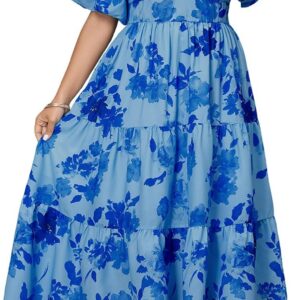 SHESTARR Womens Plus Size Dresses Wedding Guest Puffy Short Sleeve Sweetheart Smocked Tiered Flowy A Line Maxi Dress