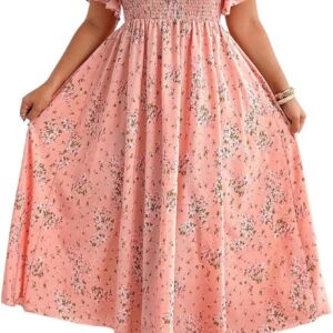 GORGLITTER Women’s Flounce Short Sleeve Floral Dress Plus Size Square Neck Smocked Flowy Beach Midi Dresses