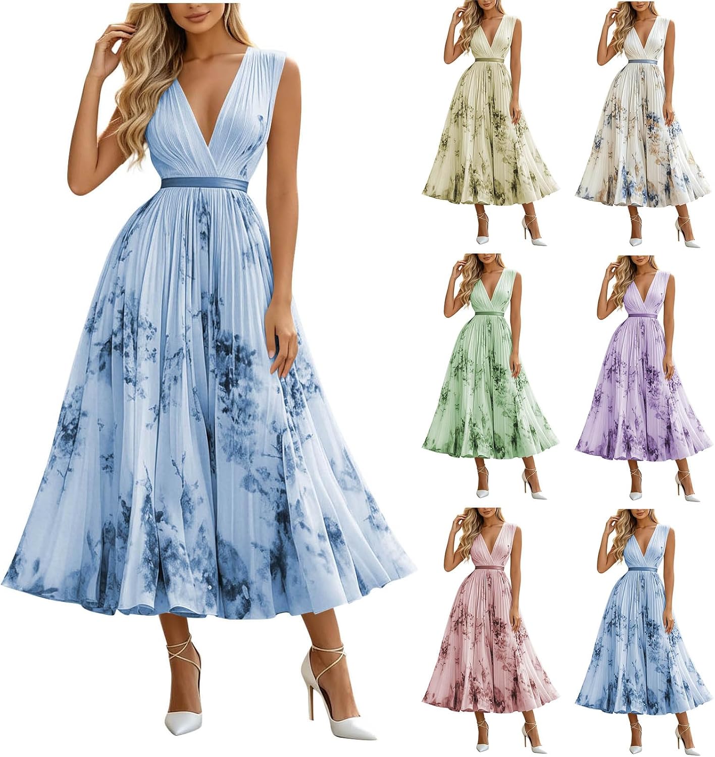 Wedding Guest Dresses for Women, Ladies V Neck Empire Waist Floral Dresses Summer Chiffon Dress Elegant Party Outfits Curvy Long Evening Skirts Women's Summer A Line Ball Gown - Image 7