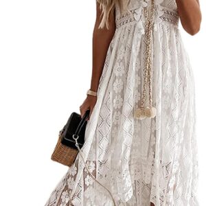 Yoisdtxc Women’s Summer Casual Lace Hem Dress Deep V Neck Sleeveless Beachwear Spaghetti Straps Backless Ruffle Mini Dress