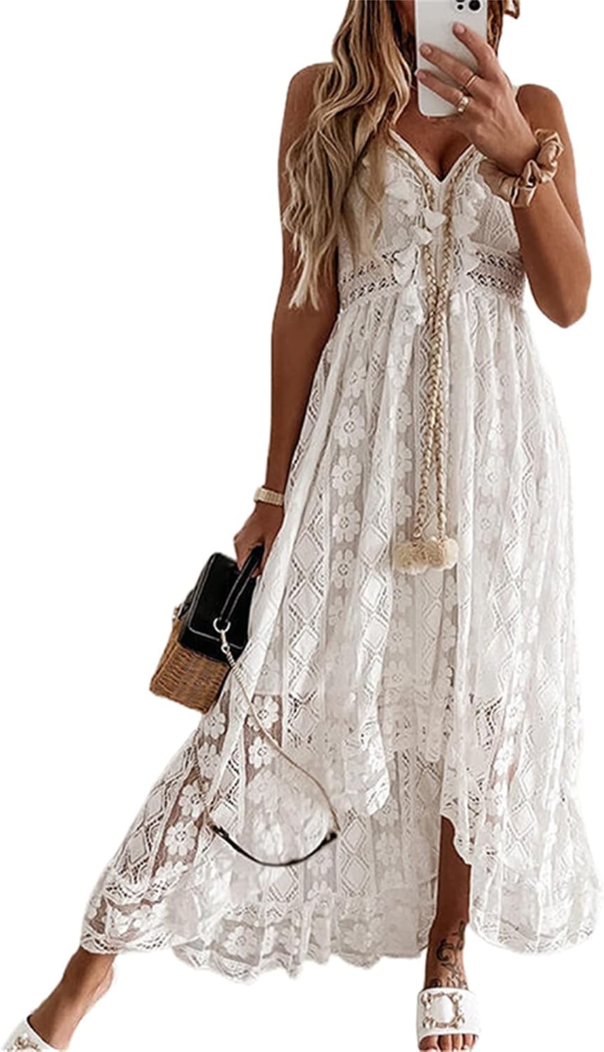 Yoisdtxc Women's Summer Casual Lace Hem Dress Deep V Neck Sleeveless Beachwear Spaghetti Straps Backless Ruffle Mini Dress