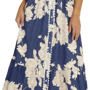 Wenrine Womens Casual Shirt Dress Floral Collared Short Sleeve Button Down Drawstring Waist Loose Summer Maxi Dresses
