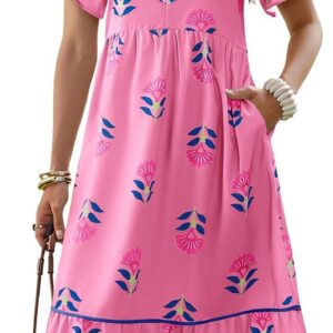 Wenrine Womens Summer Floral Midi Dress Casual Short Sleeve V Neck Flowy Ruffle Boho Beach Sundress with Pockets