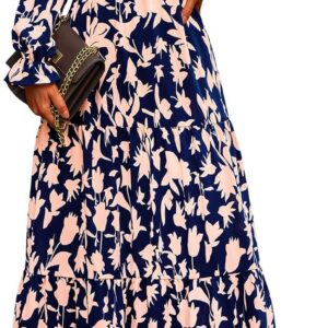 NOLLSOM Women’s 2024 Fall Dresses Boho Maxi Dress Casual Long Sleeve V Neck Floral Dresses Wedding Guest Dress