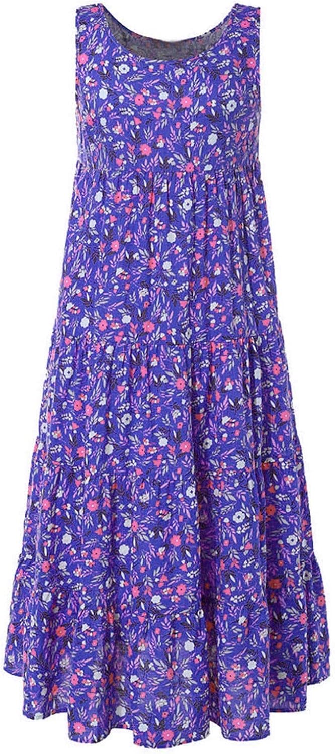 Women's Cotton Linen Dress Floral Maxi Long Dress Casual Sleeveless Crewneck A Line Dress Plus Size Swing Dress Vintage Bohemian Loose Dresses Pageant Prom Ball Gowns Cocktail Dresses UK Size - Image 3