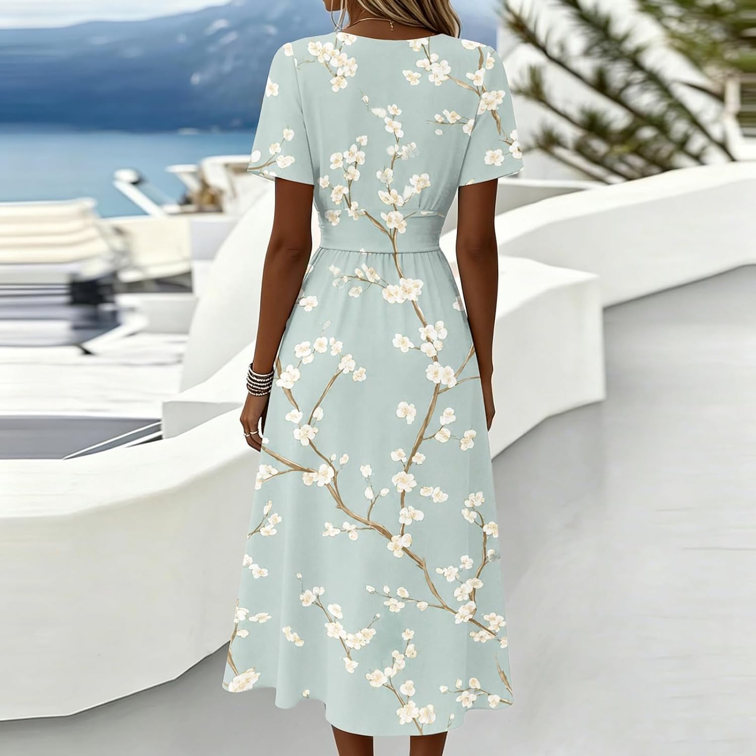 Floral Dresses for Women UK Work Office Elegant Modest Wrap Maxi Dresses A Line Lightweight Knee Length Summer Holiday Ladies Sundress Fit and Flare Dress - Image 6