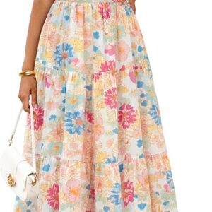 MEROKEETY Women’s Spring Summer Floral Maxi Dresses 2026 Casual Beach Vacation Boho V Neck Short Sleeve Midi Dress Pockets