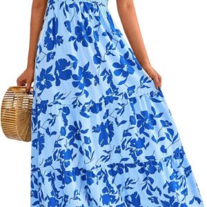 PRETTYGARDEN Women’s Smocked Top Summer Dresses for Women 2025 Short Sleeve Floral Maxi Dress for Women Flutter Sleeve Cute Spring Maxi Dress for Women Beach Vacation