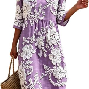 Linen Dresses for Women UK Plus Size Italian Summer Dress 3/4 Sleeve Round Neck Midi Dresses Vintage Floral Print Casual Boho Sundress Loose Fit Beach Swing Long Strand Dress