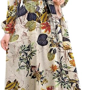 Women Cotton Linen Maxi Dresses Ladies Casual Kaftan Dress Floral Print Long Sleeve Pockets Button Front Adjustable Waist Tie Robe Dress Abaya Comfort Muslim Hijab