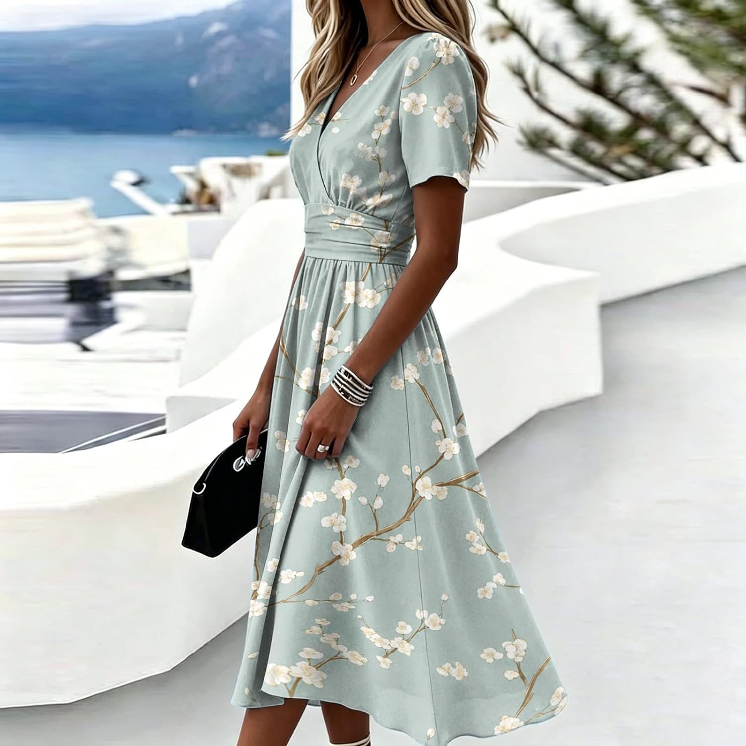 Floral Dresses for Women UK Work Office Elegant Modest Wrap Maxi Dresses A Line Lightweight Knee Length Summer Holiday Ladies Sundress Fit and Flare Dress - Image 3